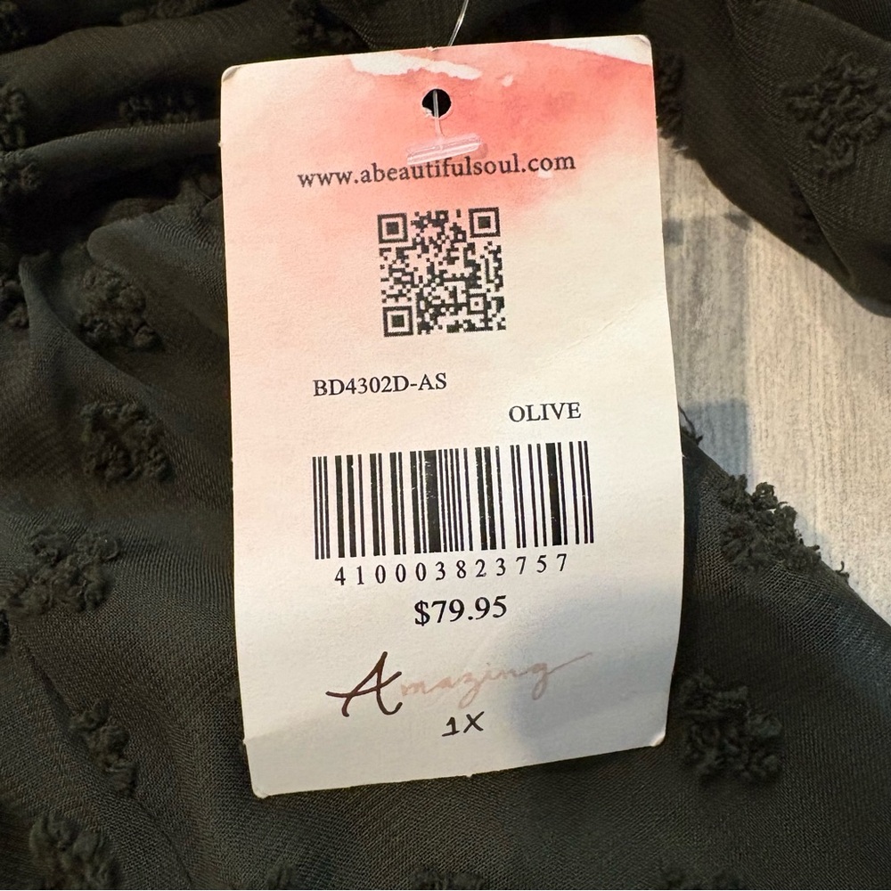 NWT, A Beautiful Soul Olive Flock Spot 3/4 Sleeve Tie Bow V-Neck, Sz 1X - Picture 14 of 15